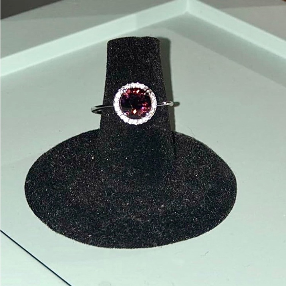Dainty Amethyst Halo 14k White Gold February Birthstone Ring - Picture 7 of 11
